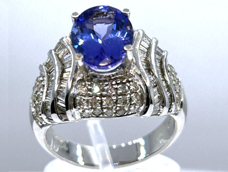 4.41ct Tanzanite & Diamond Ring in 14K White Gold - Baguette Shape