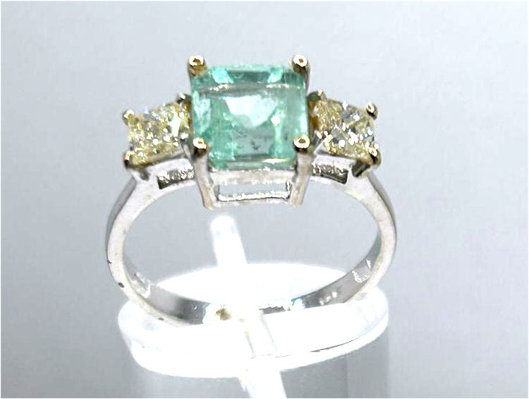 2.29ct Three-Stone Colombian Emerald & Diamond Ring in 14K White Gold