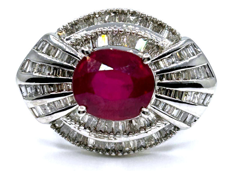 3.18ct Ruby & Diamond Cluster Ring in 14K White Gold