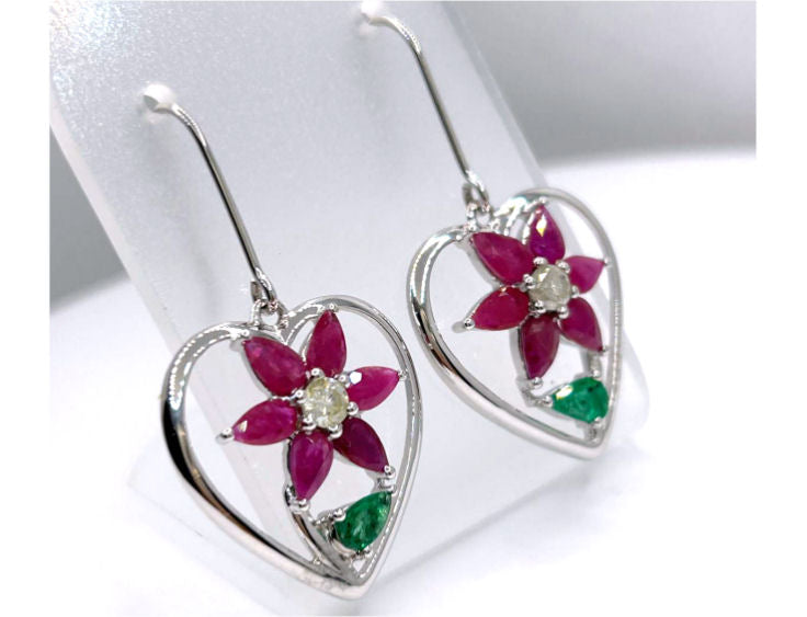 3.76ct Ruby, Emerald & Diamond Earrings in 18K White Gold