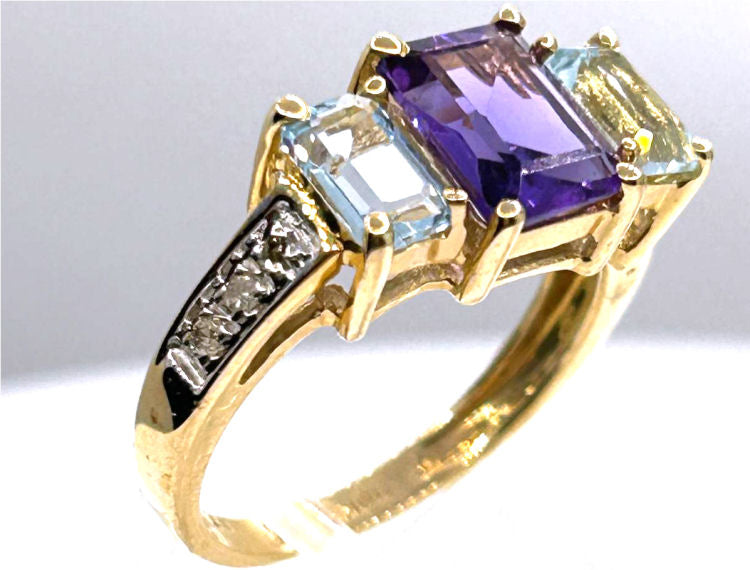 2.76ct Amethyst, Topaz & Diamond Ring in 10K Yellow Gold