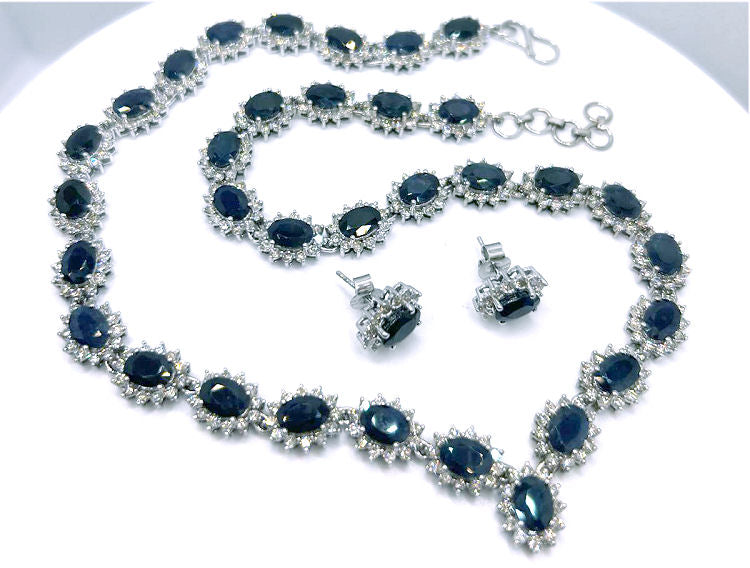 30.40ct Sapphire & Diamond Necklace & Earrings Set in 9K White Gold