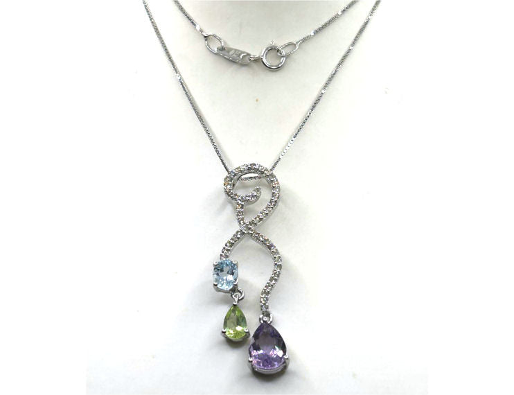 2.17ct Amethyst, Peridot, Aquamarine & Diamond Drop Necklace in 14K & 18K White
