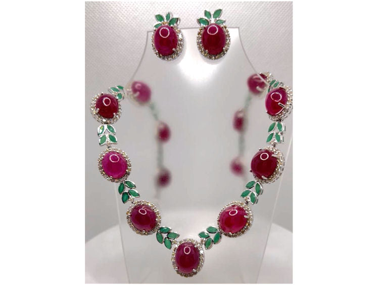 51.09ct Ruby, Emerald & Diamond Necklace & Earrings Set in 14K White Gold