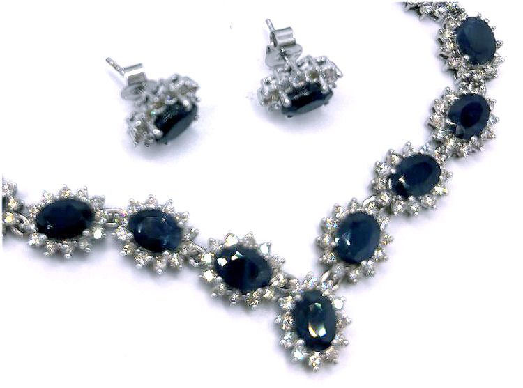 30.40ct Sapphire & Diamond Necklace & Earrings Set in 9K White Gold