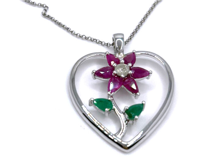 1.86ct Ruby, Emerald And Diamond Necklace in 18k White Gold