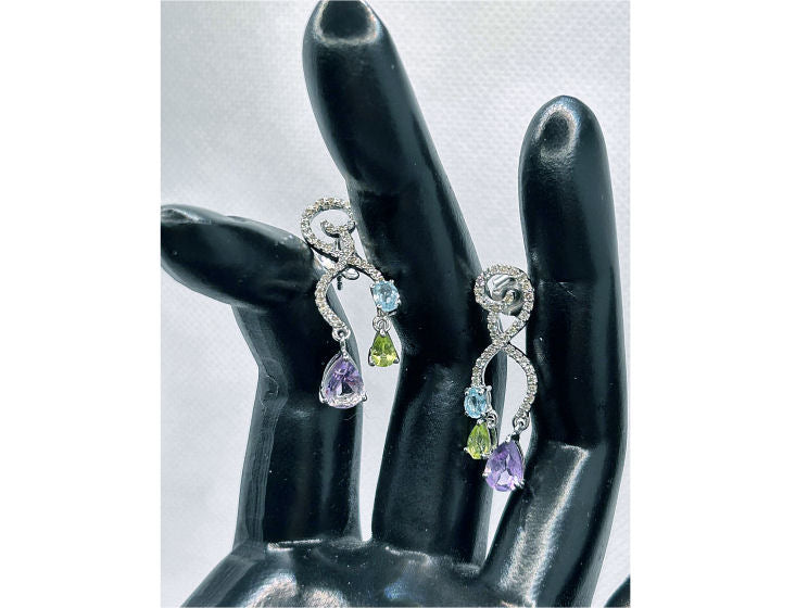 2.20ct Amethyst, Peridot, Aquamarine & Diamond Drop Earrings in 14K White Gold