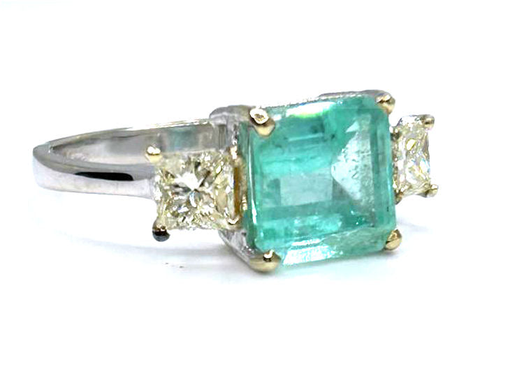 2.46ct Three-Stone Colombian Emerald & Diamond Ring in 14K White Gold