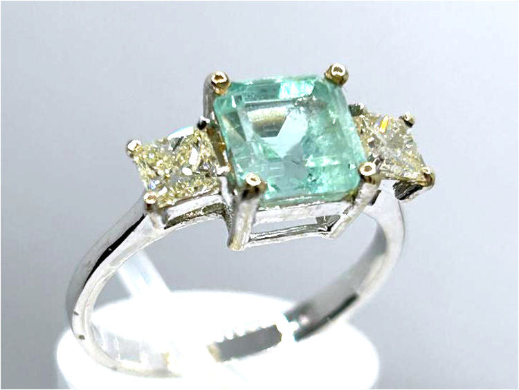 2.29ct Three-Stone Colombian Emerald & Diamond Ring in 14K White Gold