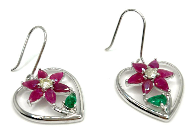 3.76ct Ruby, Emerald & Diamond Earrings in 18K White Gold
