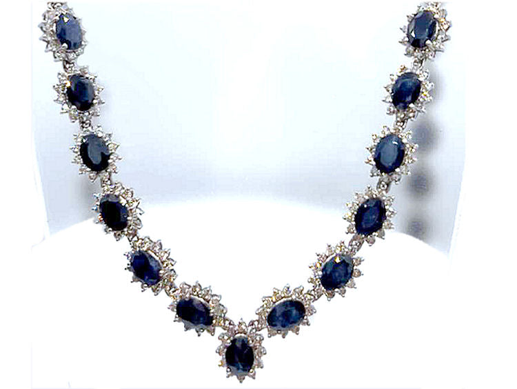 30.40ct Sapphire & Diamond Necklace & Earrings Set in 9K White Gold