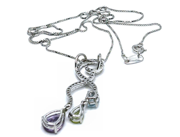 2.17ct Amethyst, Peridot, Aquamarine & Diamond Drop Necklace in 14K & 18K White