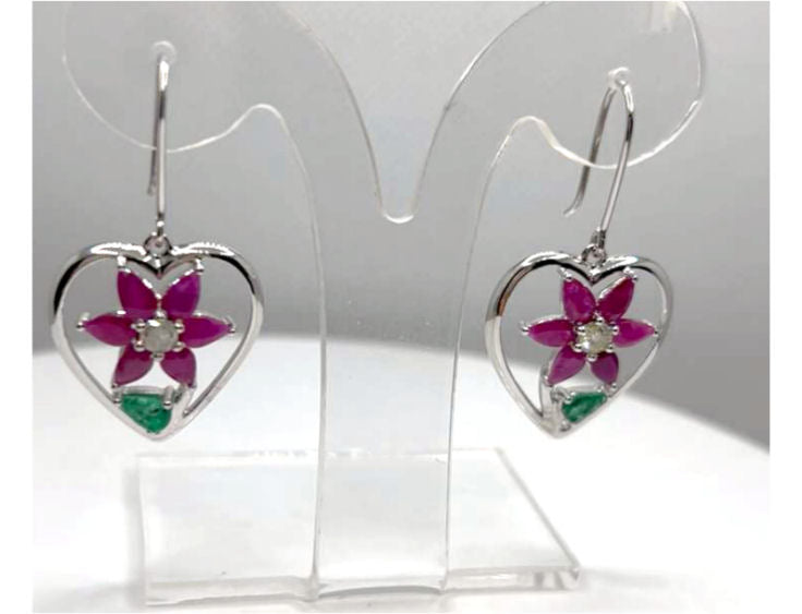 3.76ct Ruby, Emerald & Diamond Earrings in 18K White Gold