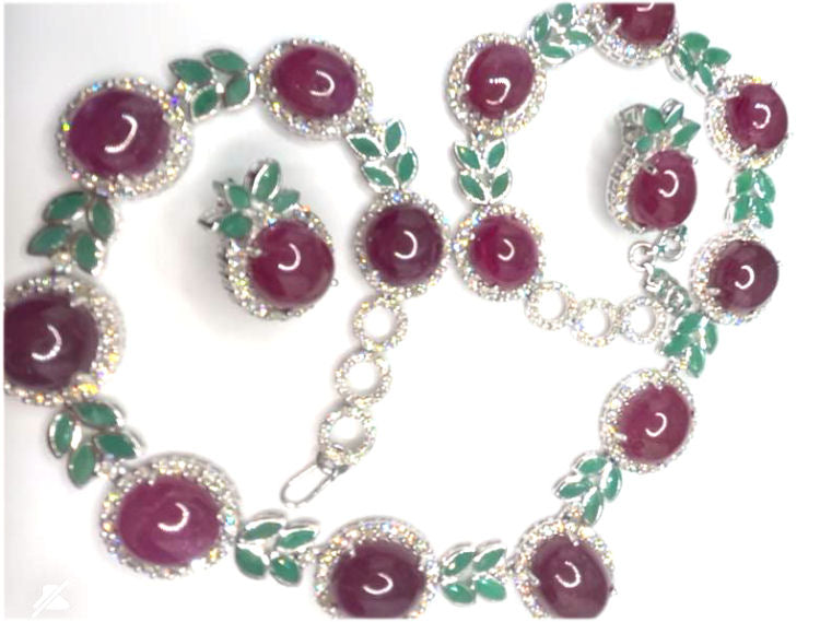 51.09ct Ruby, Emerald & Diamond Necklace & Earrings Set in 14K White Gold