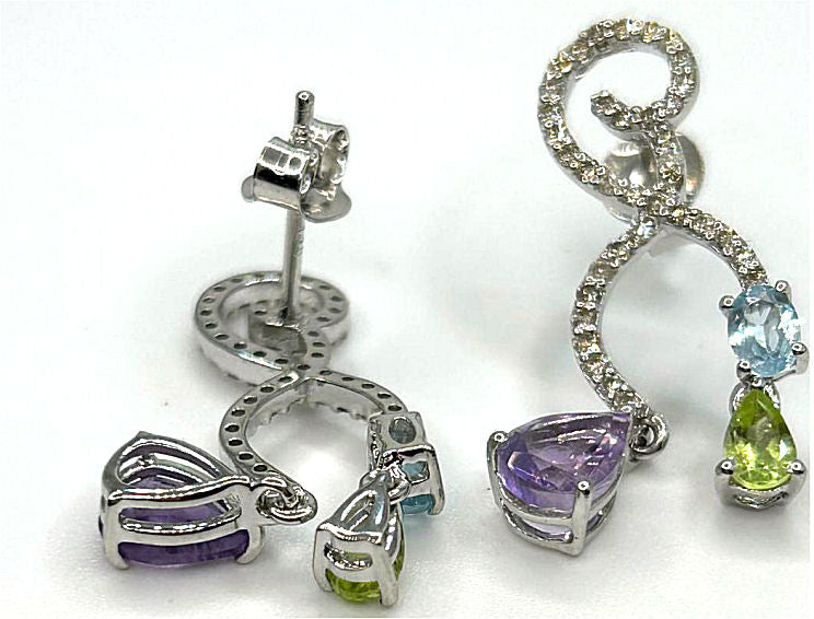 2.20ct Amethyst, Peridot, Aquamarine & Diamond Drop Earrings in 14K White Gold