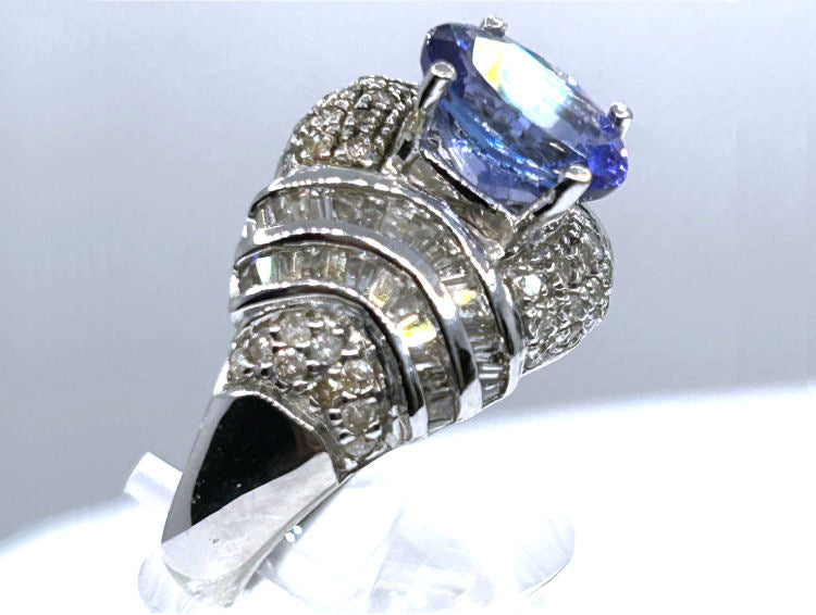 4.41ct Tanzanite & Diamond Ring in 14K White Gold - Baguette Shape