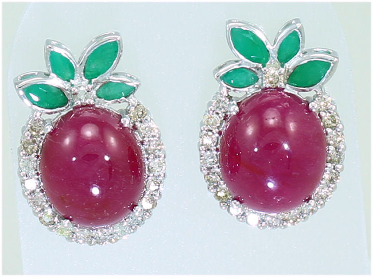51.09ct Ruby, Emerald & Diamond Necklace & Earrings Set in 14K White Gold