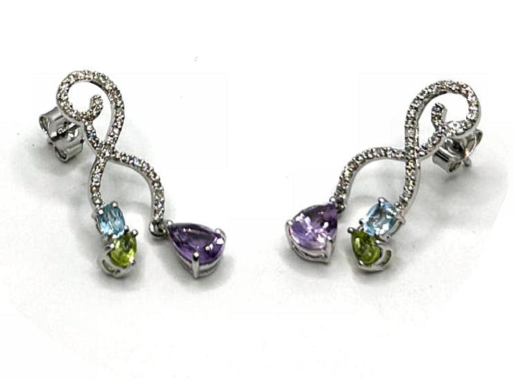 2.20ct Amethyst, Peridot, Aquamarine & Diamond Drop Earrings in 14K White Gold
