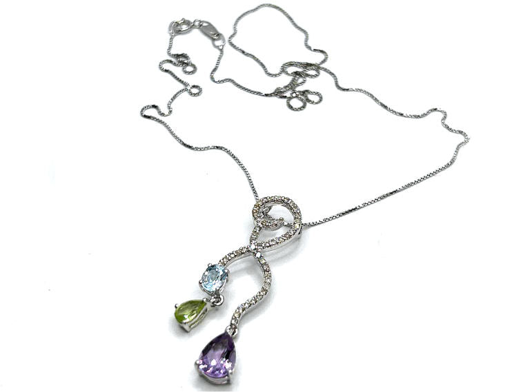 2.17ct Amethyst, Peridot, Aquamarine & Diamond Drop Necklace in 14K & 18K White