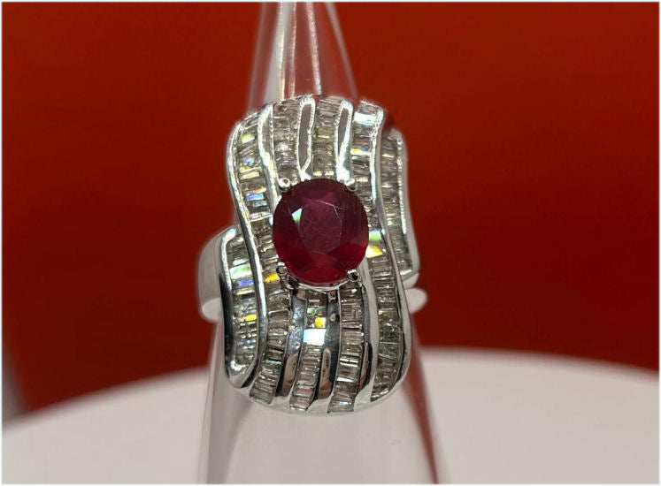 3.83 Carats Ruby Diamond Ring in 14k White Gold