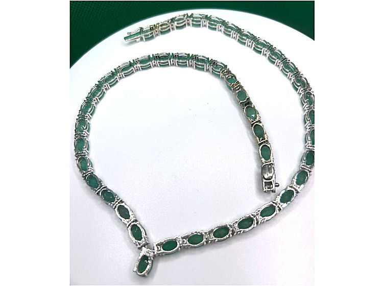 37.00ct Emerald & Diamond Necklace in 14K White Gold