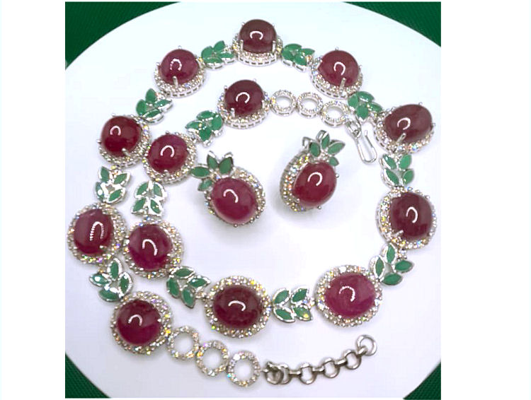 51.09ct Ruby, Emerald & Diamond Necklace & Earrings Set in 14K White Gold