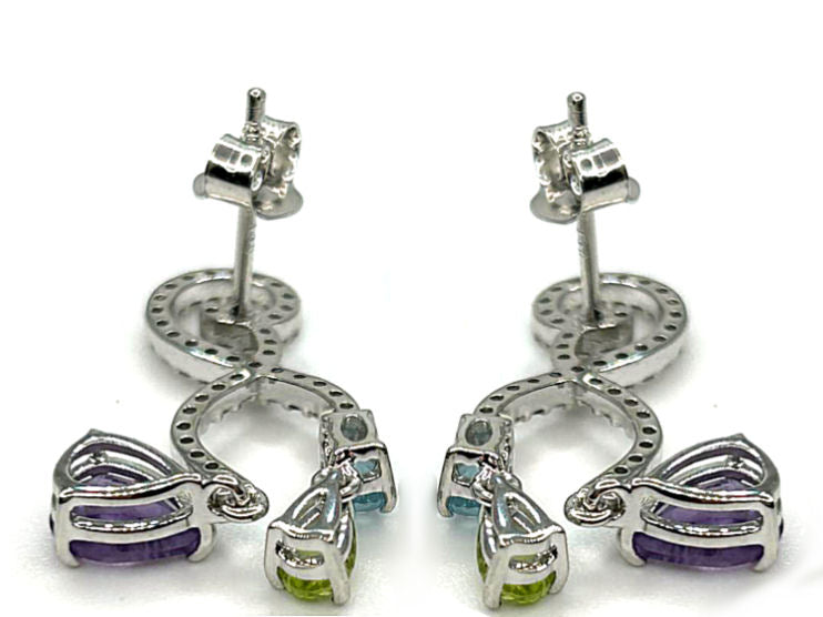 2.20ct Amethyst, Peridot, Aquamarine & Diamond Drop Earrings in 14K White Gold