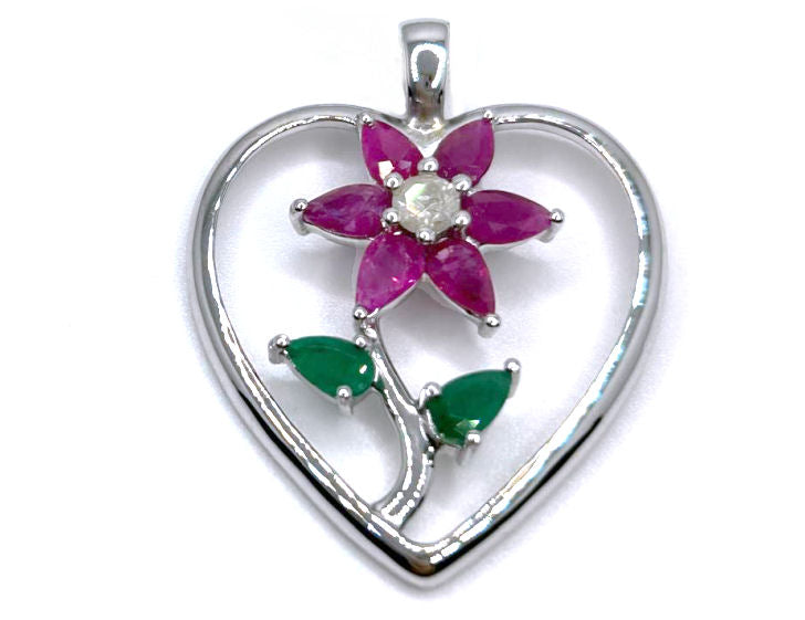 1.86ct Ruby, Emerald And Diamond Necklace in 18k White Gold
