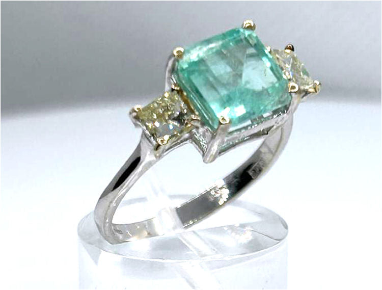 2.46ct Three-Stone Colombian Emerald & Diamond Ring in 14K White Gold