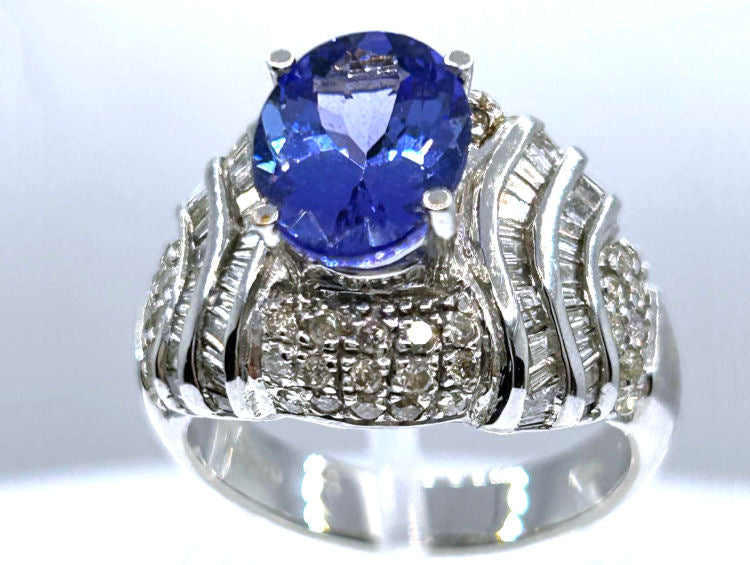 4.41ct Tanzanite & Diamond Ring in 14K White Gold - Baguette Shape
