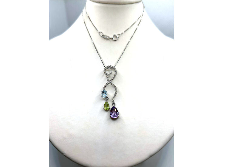 2.17ct Amethyst, Peridot, Aquamarine & Diamond Drop Necklace in 14K & 18K White