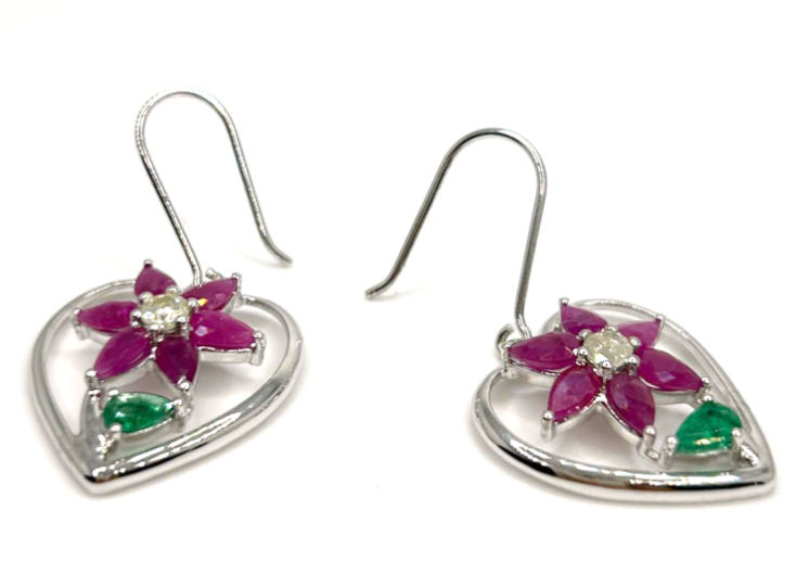 3.76ct Ruby, Emerald & Diamond Earrings in 18K White Gold
