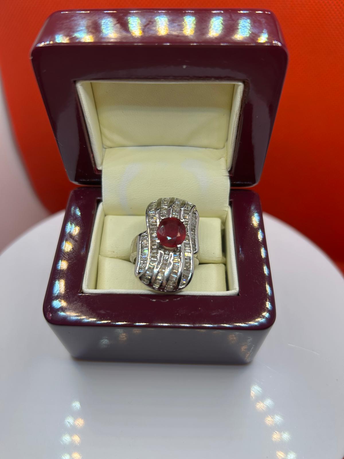 3.83 Carats Ruby Diamond Ring in 14k White Gold