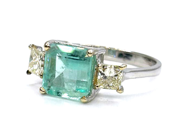 2.46ct Three-Stone Colombian Emerald & Diamond Ring in 14K White Gold