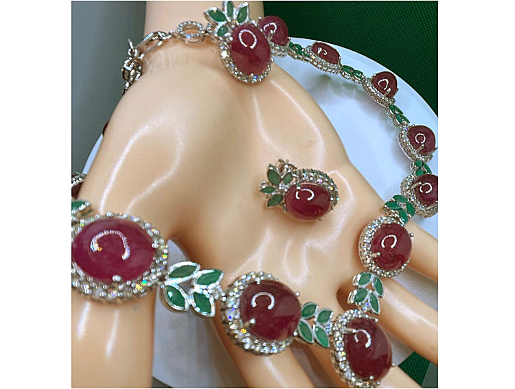 51.09ct Ruby, Emerald & Diamond Necklace & Earrings Set in 14K White Gold