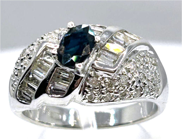 1.38 Ct Diamond Blue Sapphire Ring in 18k White Gold