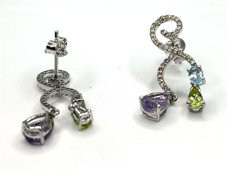 2.20ct Amethyst, Peridot, Aquamarine & Diamond Drop Earrings in 14K White Gold