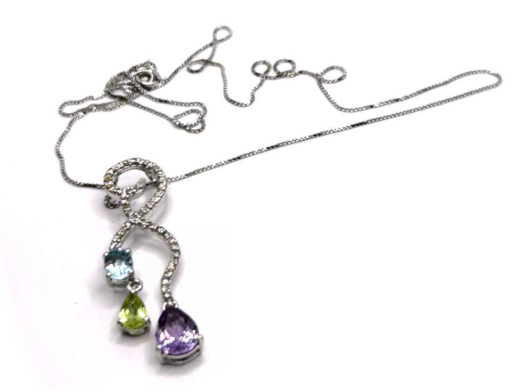2.17ct Amethyst, Peridot, Aquamarine & Diamond Drop Necklace in 14K & 18K White