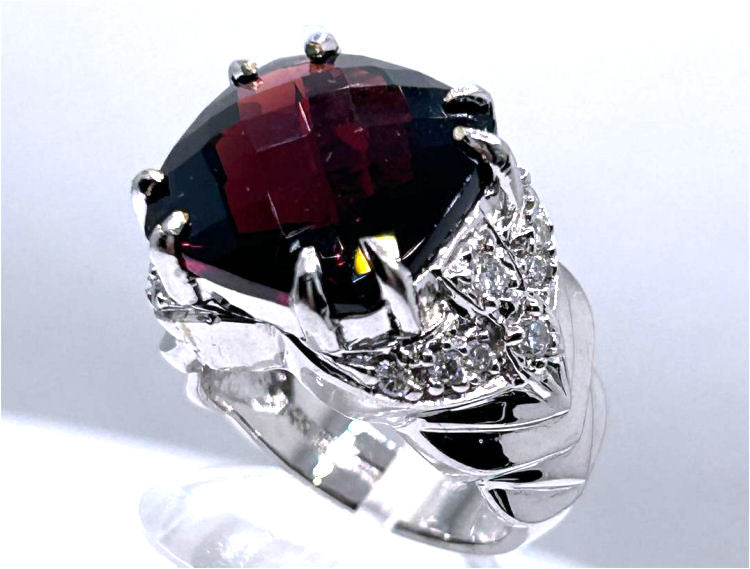 12.56ct Rhodolite & Diamond Ring in 14K White Gold