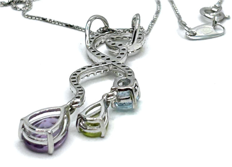 2.17ct Amethyst, Peridot, Aquamarine & Diamond Drop Necklace in 14K & 18K White