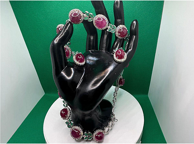 51.09ct Ruby, Emerald & Diamond Necklace & Earrings Set in 14K White Gold