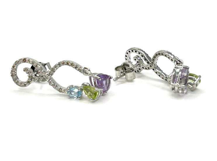 2.20ct Amethyst, Peridot, Aquamarine & Diamond Drop Earrings in 14K White Gold