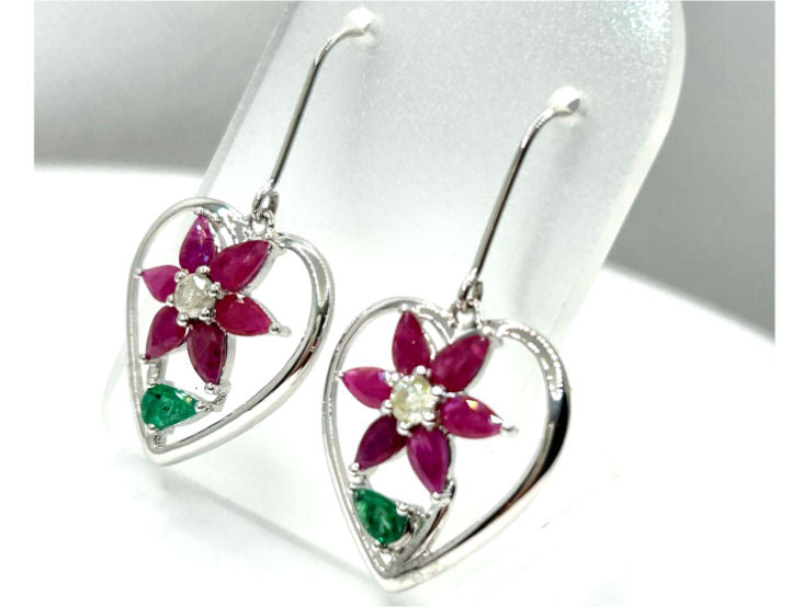 3.76ct Ruby, Emerald & Diamond Earrings in 18K White Gold