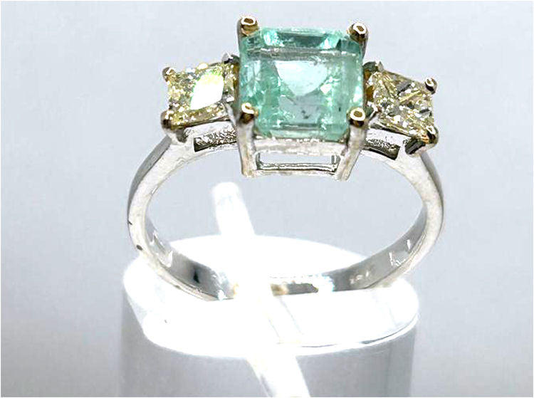2.29ct Three-Stone Colombian Emerald & Diamond Ring in 14K White Gold