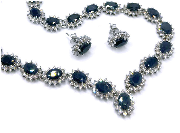 30.40ct Sapphire & Diamond Necklace & Earrings Set in 9K White Gold