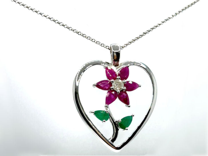 1.86ct Ruby, Emerald And Diamond Necklace in 18k White Gold