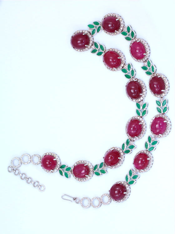 51.09ct Ruby, Emerald & Diamond Necklace & Earrings Set in 14K White Gold