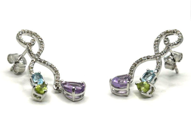 2.20ct Amethyst, Peridot, Aquamarine & Diamond Drop Earrings in 14K White Gold