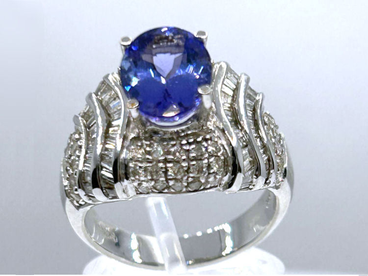 4.41ct Tanzanite & Diamond Ring in 14K White Gold - Baguette Shape
