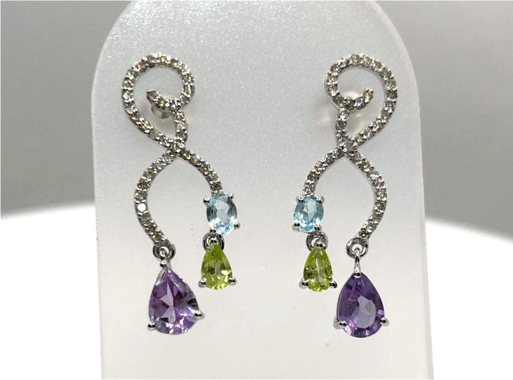 2.20ct Amethyst, Peridot, Aquamarine & Diamond Drop Earrings in 14K White Gold
